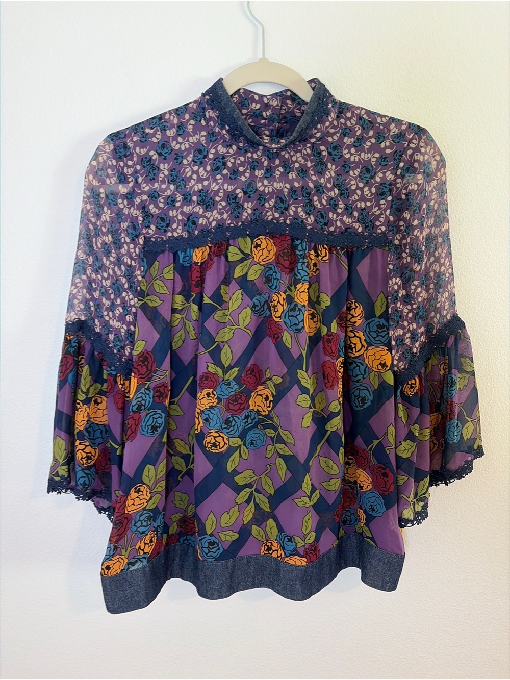 ANNA SUI Anthropologie Top Silk Floral Blouse Sheer Hippie Peasant Boho P/XS